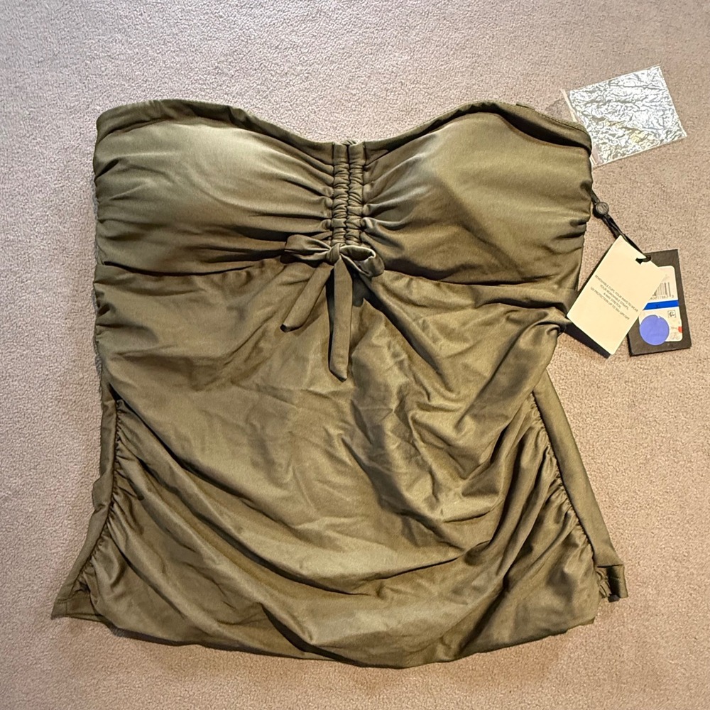 DKNY Women Olive Green Bandeau Tankini Top Removable Straps XL UPF 50+
